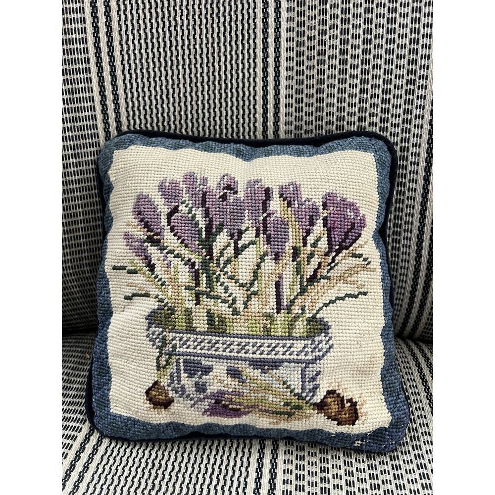 Vintage Needlepoint Wool Tapestry Throw Floral‎ Pillow Neutral Blue Purple 9”